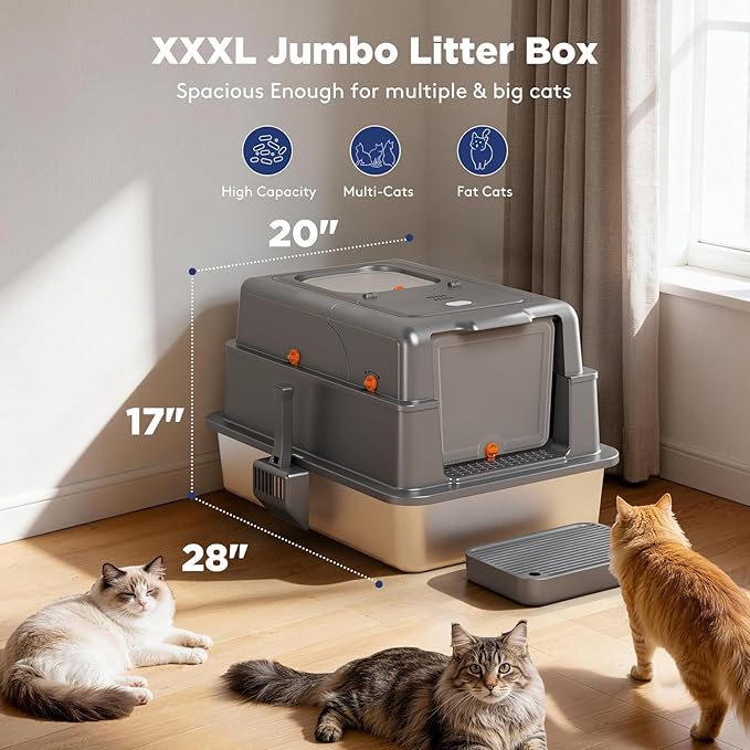 FURTIME XXXL Extra Large Stainless Steel Litter Box with Lid, Large Enclosed Cat Litter Box for Big Cats, Metal Cat Box with High Sided Enclosure & Scoop, Grey