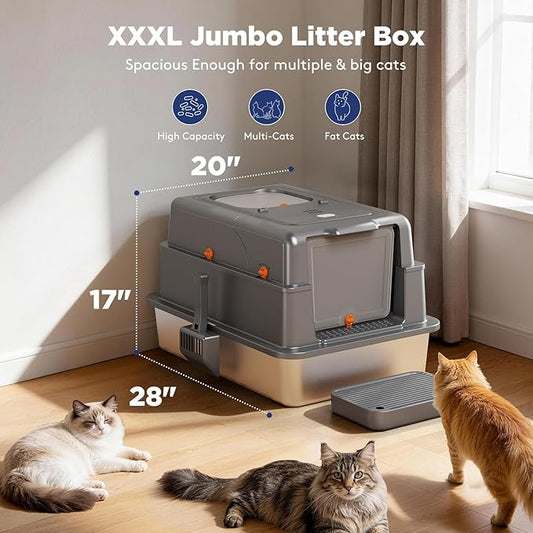 FURTIME XXXL Extra Large Stainless Steel Litter Box with Lid, Large Enclosed Cat Litter Box for Big Cats, Metal Cat Box with High Sided Enclosure & Scoop, Grey