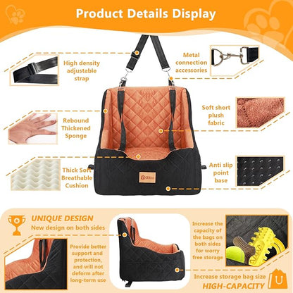 Dog Car Seat for Small/Medium Dogs Under 40lbs, Dog Booster Car Seats Memory Foam and Velvet, Detachable and Washable Pet Booster Carseats with Clip-On Satebelt and Storage Bag.(Black/Brown)
