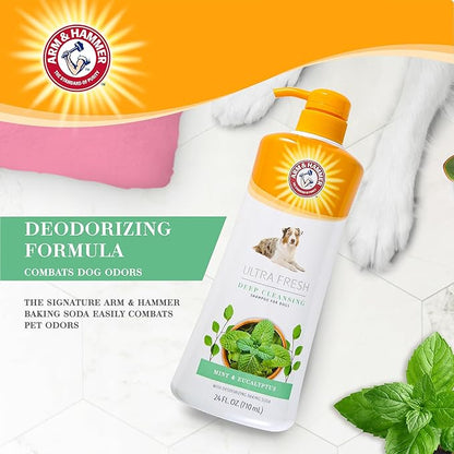 Arm & Hammer Ultra Fresh Charcoal Dog Shampoo with Rosemary for Deep Cleansing and Odor Control, Baking Soda Deodorizing Pet Shampoo, Pump Bottle Dog Wash, Eucalyptus Mint Scent, 24 Fl Oz