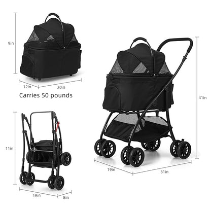 Pet Stroller Quickly Folds for Easy Storage Cat Stroller with Detachable Carrier Thickened Oxford Cloth Breathable Basket Dog Strollers for Small Dogs (Grey)