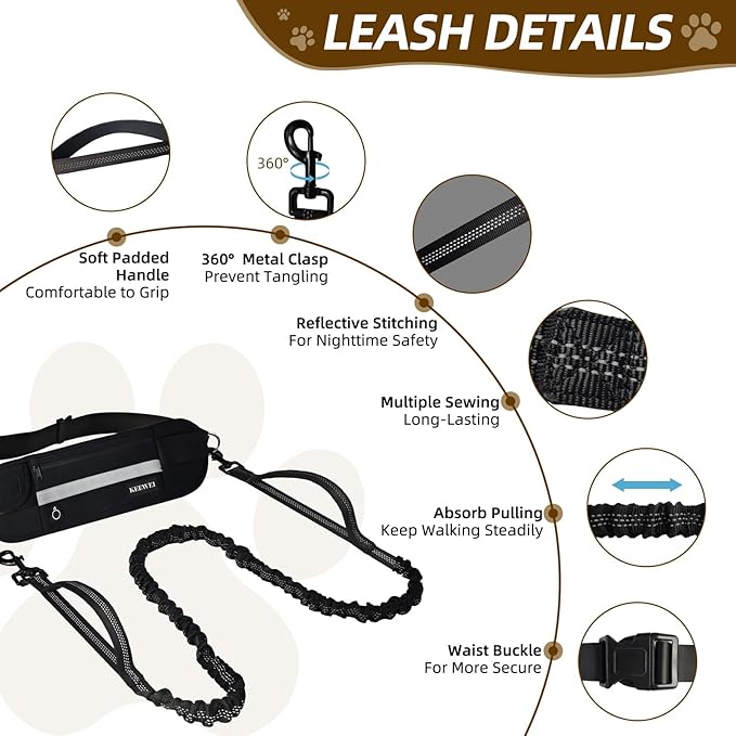 Hands Free Dog Leash with Zipper Pouch, Dual Handle Retractable Reflective Heavy Duty Bungee Leash for Small & Medium Dog Running Walking Jogging Training Hiking, Black