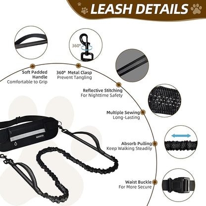 Hands Free Dog Leash with Zipper Pouch, Dual Handle Retractable Reflective Heavy Duty Bungee Leash for Small & Medium Dog Running Walking Jogging Training Hiking, Black