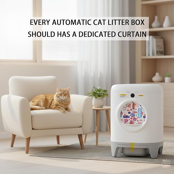 Curtain for Self Cleaning Cat Litter Box,Reduces Cat Litter Bounce, Stops Odors from The Litter Box Self Cleaning (White Red)