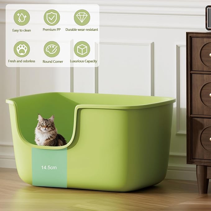 Vealind Large Cat Litter Box for Indoor Cats High Sided and Low Entry Litter Box 22.2"×14.9"×12" Tall Litter Boxes with High Back Deep Wall XL Cat Litter Boxes (Green)