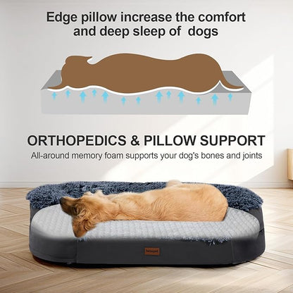 Black Dog Beds for Large Dog, 41" x 32.6" x 7.7", Removable and Washable Cover, Raised Reboundable Edges, Non Slip Bottom, Warm Plush, Orthopedic Oval Memory Foam Pet Bedding, Indoor