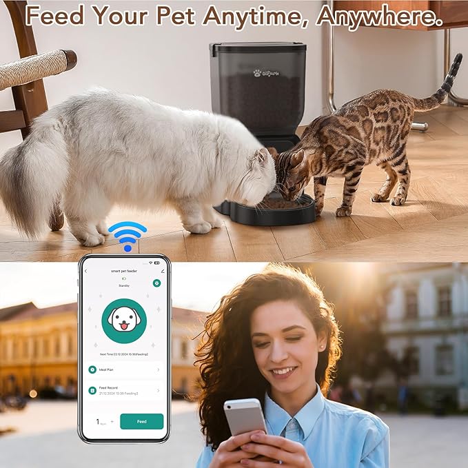 Remote Controlled Automatic Dog & Cat Feeder, APP Controlled,with Freshness Preservation, Timed Cat Feeder with Stainless Steel Bowl. 4L Capacity Up to 6 Meals Per Day and 1-15 Portion for Cats & Dog