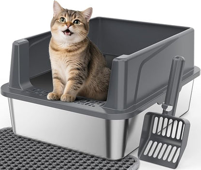 FURTIME Stainless Steel Cat Litter Box with Lid, Metal Kitty Litter Box for Small Cats, Kitten Litter Boxs with Scoop and Mat, Non-Sticky, Anti-Leakage, Easy to Clean, 17"x13"x8.4" (Small)