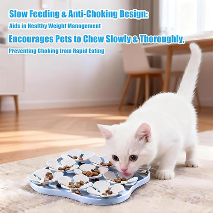 Slow Feeder Bowl for Dogs and Cats - Non-Slip Licking Mat with Suction Cups, Treat Puzzle & Anti-Choke Feeding Pad, Flower Petal Silicone (Blue and Grey)