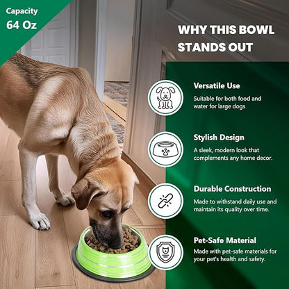 Iconic Pet 8 Cup/64 Oz Elegant Stainless Steel Color Splash Food/Water Bowl with Non Skid, Noise Free, Removable Rubber Ring - Dog/ Cat Feeding Bowl In color shade, Dishwasher Safe - Green, 2 Bowls