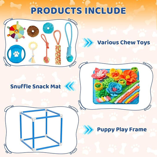 Puppy Play Gym with Snuffle Mat & 8 Hanging Toys Indoor Play Gym Interactive Dog Toys for Boredom Enrichment Activity for Small Dog PVC Frame Stretchy Rope with Velcro (Blue,19.6 x 19.6 x 19.6 inch)