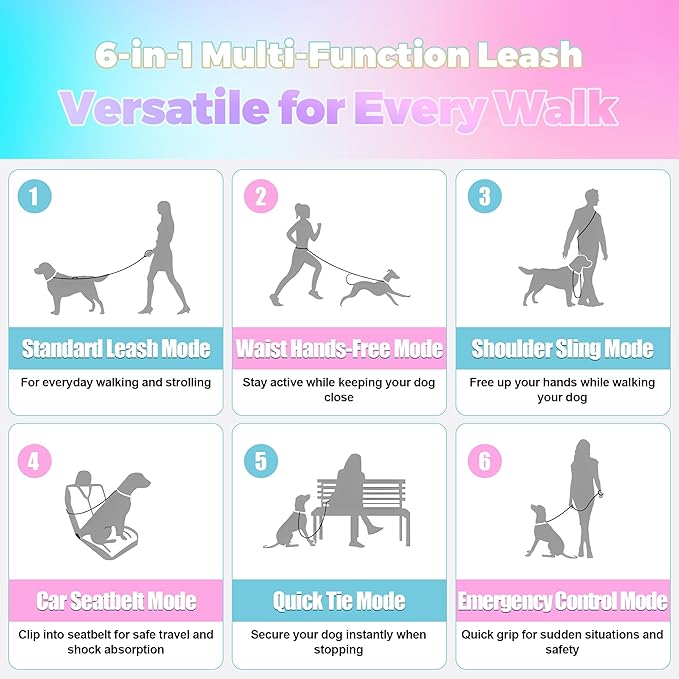 Hands Free Dog Leash for Large Medium Dogs – Bungee No Pull Running Leash with Dual Padded Handles, Reflective Nylon, Adjustable Waist Belt, Seatbelt Clip for Walking, Jogging, Hiking (BluePink)