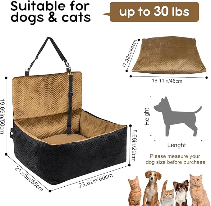Dog Car Seat for Small Dogs,Medium Dog Car Bed with Detachable Washable Cover,Pet Puppy Booster Cars Seats with Safety Belt Up to 30 lbs(Black V)