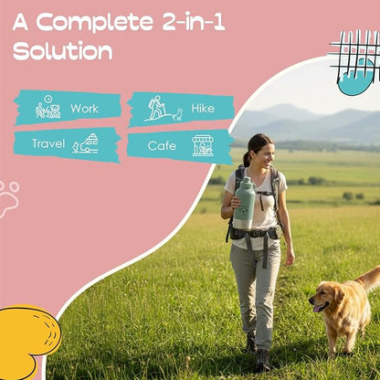 Love Wag & Play Dog Water Bottle with Food Bowls, Portable Stainless Steel Bottle for Dogs, Leakproof Travel Design with Detachable Bowls for Walks, Hikes and Outdoor Adventures (32 oz)