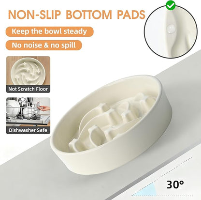 Ceramic Slow Feeder Dog Bowls Large Breed, 2 Cups Slow Eating Dog Bowl, Anti-Gulping Pet Food Bowl Reduce Choking, Heavy Puzzle Maze Design Pet Dishes for Fast Eaters, 8.3 inch - Beige