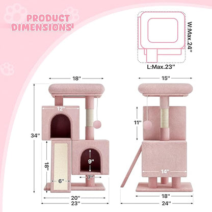 Magshion 34" Cat Tree Tower for Indoor Cats, Multi-Level Cat Condo with Extra Large Perch, Scratching Post and Sisal Ramp, Climbing Stand for Indoor Cats and Kittens, Soft Pink