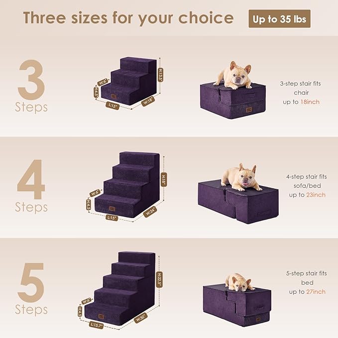 EHEYCIGA Dog Stairs for Small Dogs 13.5" H, 3-Step Dog Steps for Couch Sofa and Chair, Pet Steps for Medium Cats, Non-Slip Balanced Pet Ramp Indoor, Purple