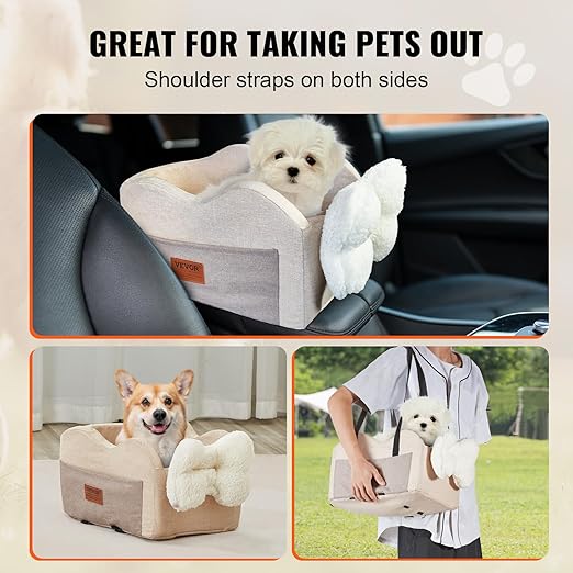 VEVOR Console Dog Car Seat, Center Console Dog Booster Seat for Small Dogs, Pet Bed for Car Armrest with Clip-On Leash, Adjustable Straps, Supports up to 8lbs, Light Brown