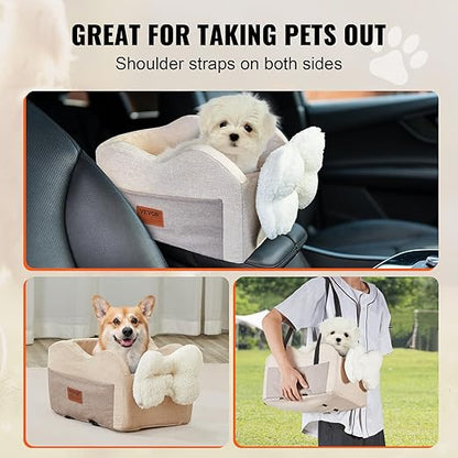 VEVOR Console Dog Car Seat, Center Console Dog Booster Seat for Small Dogs, Pet Bed for Car Armrest with Clip-On Leash, Adjustable Straps, Supports up to 8lbs, Light Brown