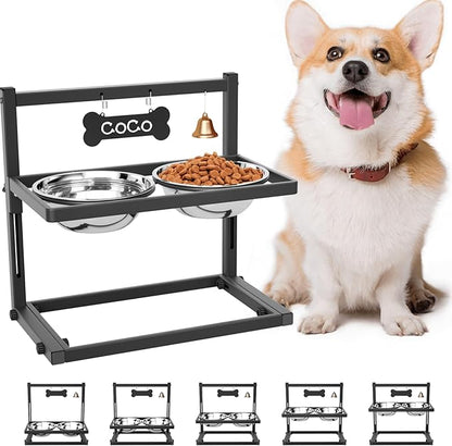 Elevated Dog Bowls for Medium and Small Dogs, 5 Height Adjustable & 2 Stainless Steel Bowls 800ml/27oz, Raised Food Dog Water Stand