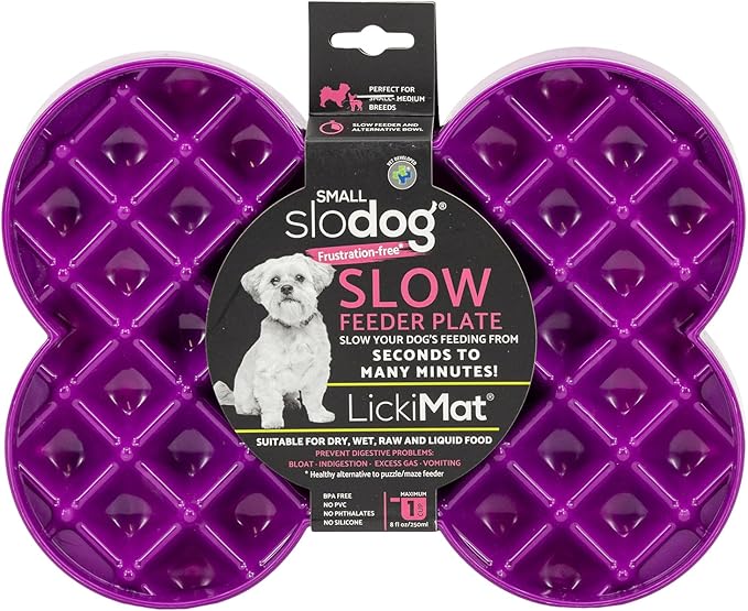 LickiMat Small Slodog Suitable for Wet Food, Raw Food, Kibble and Treats. Perfect Feeder for Small and Medium-Sized Dogs. No Gulp and No Frustration. (Purple)