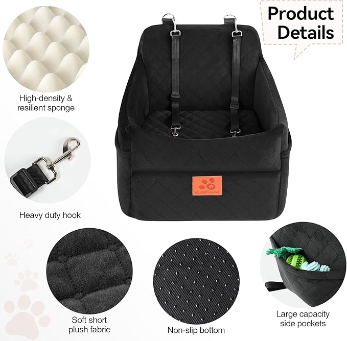 GL GLENSLAVE Dog Car Seat for Small/Medium Dogs, Dog Booster Car Seats with Thick Cushion for Dogs Under 35lbs, Detachable Washable Pet Carseat with Storage Pockets, 2 Safety Belts(Black)