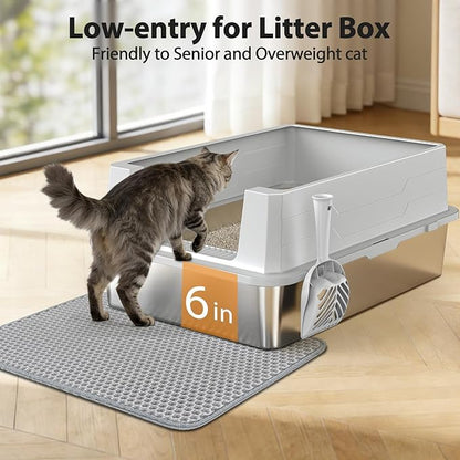FURTIME XXXL Extra Large Stainless Steel Litter Box with Lid, Large Cat Litter Box for Big Cat, Large Metal Cat Box with High Sided, Non-Stick, Easy Cleaning, Includes Scoop and Mat
