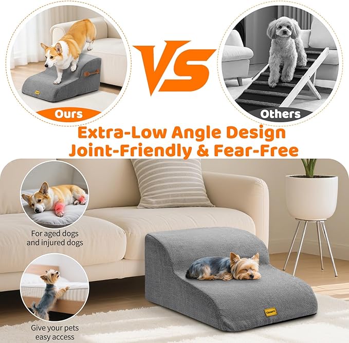 Gimars Upgraded 55CM Long Wide Steps 2 Step Dog Stairs for Small, Medium & Senior Dogs, 30CM High Ramp with 33D High-Density Foam, Linen Cover, Non-Slip Base, Supports 30KG, for Bed & Sofa