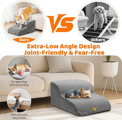 Gimars Upgraded 55CM Long Wide Steps 2 Step Dog Stairs for Small, Medium & Senior Dogs, 30CM High Ramp with 33D High-Density Foam, Linen Cover, Non-Slip Base, Supports 30KG, for Bed & Sofa