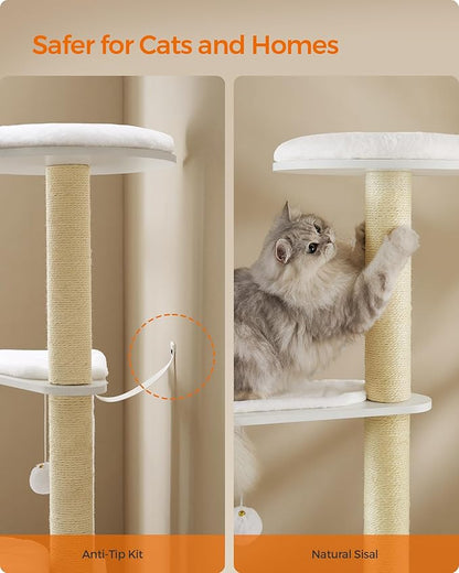 Feandrea Cat Tree, 65-Inch Modern Cat Tower for Indoor Cats, Multi-Level Cat Condo with 5 Scratching Posts, Perch, Washable Removable Cushions, Cat Furniture, Cloud White UPCT166W01