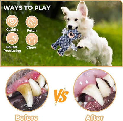 PAWCHIE Squeaky Dog Toys,Robust Bear Chew Dog Toy for Aggressive Chewers,Rope Arm Tug of War&Interactive Puppy Toys to Keep Them Busy for Boredom,Soft Pet Teething Dog Companion, Blue