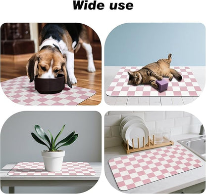 Checkered Dog Food Mat, Absorbent Leak-Proof Pet Feeding Mat, Quick Dry Cat Food Mat for Messy Drinkers 12" x 20" Pink