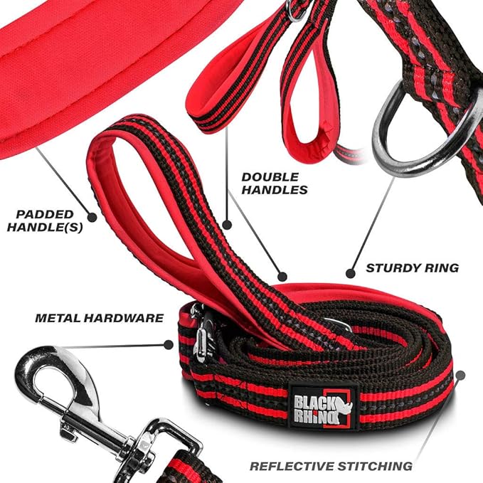Black Rhino Heavy Duty Dog Leash for Medium and Large Dogs - 5 ft Long Double Handle Dog Leash with Padded Traffic Control Handles - Reflective, Durable, and Weather Resistant (Red and Black)