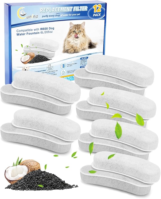 12 Pack Dog Water Fountain Filters Replacement Compatible with W600 Automatic Water Bowl Dispenser, Pet Fountain Charcoal Filters Fit for 205oz/6L Dog Fountain Bowl for Large Dogs