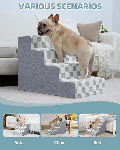KSIIA Dog Stairs for Small Dogs & Cats Pet Stairs Supportive 4-Tier Pet Steps for Bed Couch Sofa Chair, No-Slip Cat Steps with Removable Washable Cover, 24" D x 15" W x 17.5" H, Grey