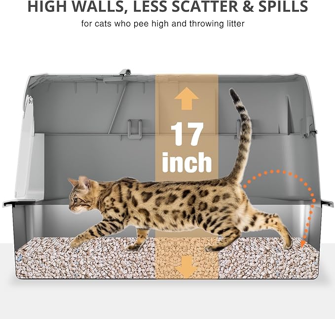 Stainless Steel Cat Litter Box with Lid, 180° Flip-Top XXXL Extra Large Enclosed Litter Box, 26" L x 18" W x 17" H Metal Litter Box with Hight Sides for Big Cats & Multiple Cats-Light Gray