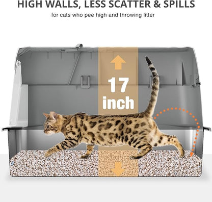 Stainless Steel Cat Litter Box with Lid, 180° Flip-Top XXXL Extra Large Enclosed Litter Box, 26" L x 18" W x 17" H Metal Litter Box with Hight Sides for Big Cats & Multiple Cats-Light Gray