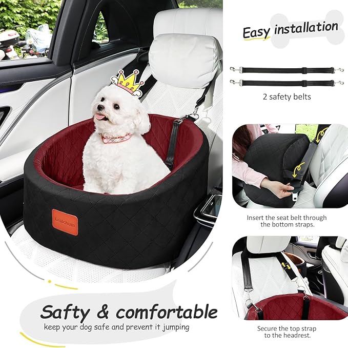 Lealchum Dog Car Seat for Small Dogs Up to 30 Lbs,Ultra Soft Fabric Fill in Comfy Memory Foam,Happy Pet Ride,2 Safety Dog Leashes,Fully Detachable and Washable,Anti Slip Base(Black/Red)