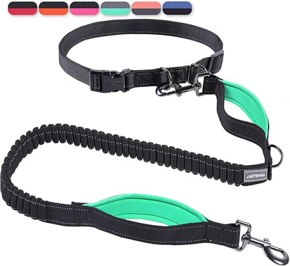 VIVAGLORY Hands Free Dog Leash Bungeeone Running Dog Leash with Waist Belt for Running Walking & Jogging, Bungee & Around Waist for Pet, S, Black/Turquoise
