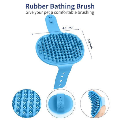 Dog Brush Grooming Kit 5 PCS - Self Cleaning Slicker Brush for Shedding Short Long Haired Dogs & Cats, Includes Pet Comb, Flea Comb, Bath Brush, Undercoat Rake - Complete Fur Care Set - Blue