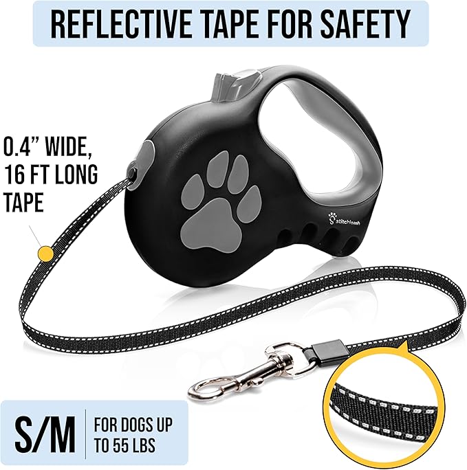 Award-Winning Retractable Dog Leash for Small and Medium Dogs (Max 55 lbs), Clip & Go System with Reflective Tape and Ergonomic Handle, Includes Clips, Poop Bag Holder and Dispenser, Black
