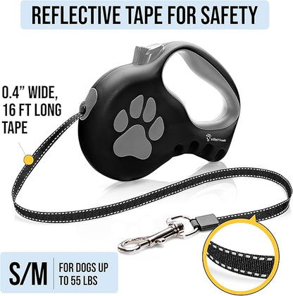 Award-Winning Retractable Dog Leash for Small and Medium Dogs (Max 55 lbs), Clip & Go System with Reflective Tape and Ergonomic Handle, Includes Clips, Poop Bag Holder and Dispenser, Black