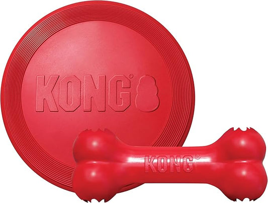 KONG Goodie Bone & Flyer - Dog Toys to Enrich Playtime - Dog Bone & Soft Throwing Disc Support Mental Engagement - Rubber Bone for Treats - Rubber Flying Disc with Dynamic Rebound - for Medium Dogs