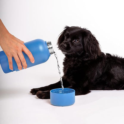 Ubbi Pup & Me Insulated Stainless Steel Dog Water Bottle with Attached Bowl, 32 oz Portable Leakproof Travel Bottle for Dogs and Owners, Blue