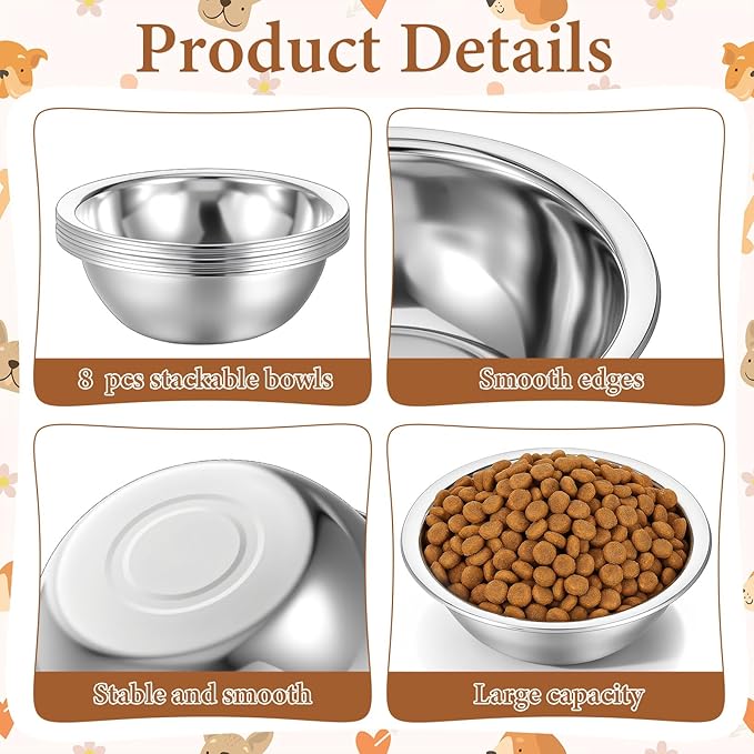 SHENLIU 8 Pack 8" Metal Cat and Dog Bowls, Stainless Steel Food and Water Dish Pet Bowls Replacement for Large Medium Small Dogs, 47 OZ Pet Feed Bowl for Kitten Puppy, Dishwasher Safe