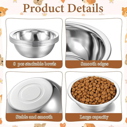 SHENLIU 8 Pack 8" Metal Cat and Dog Bowls, Stainless Steel Food and Water Dish Pet Bowls Replacement for Large Medium Small Dogs, 47 OZ Pet Feed Bowl for Kitten Puppy, Dishwasher Safe