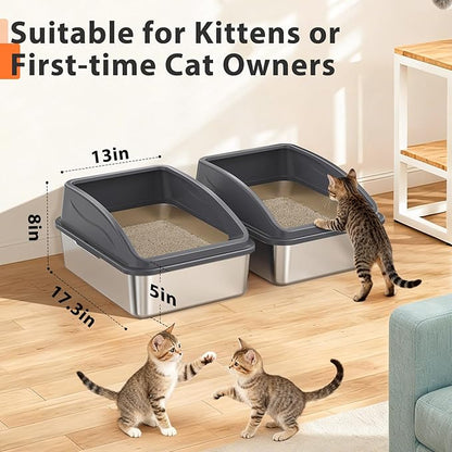 2 Pack Stainless Steel Litter Box for Kitty | Metal Kitty Litter Box with Lid High Sided for Small Cats or Injured Cats, Bunny Litter Boxes, Low Entry, Odor-Free, Non-Stick,Includes Scoop
