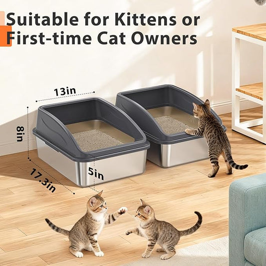 2 Pack Stainless Steel Litter Box for Kitty | Metal Kitty Litter Box with Lid High Sided for Small Cats or Injured Cats, Bunny Litter Boxes, Low Entry, Odor-Free, Non-Stick,Includes Scoop