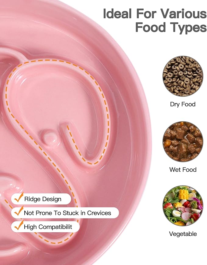 Slow Feeder Dog Bowl, Ceramic Dog Bowls 1.5 Cup Puzzle Feeder - Stops Fast Eating, Prevents Bloat, Choking & Black Chin for Medium/Large Dogs, Pink﻿