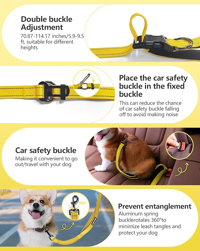 Hands Free Dog Leash & Car Seatbelt, 5.9-9.5ft Crossbody Dog Belt with Dual Soft Handles, Shock-Absorbing, 360° Clip, Reflective Design for Walking, Running, Hiking, Travel.(Yellow)